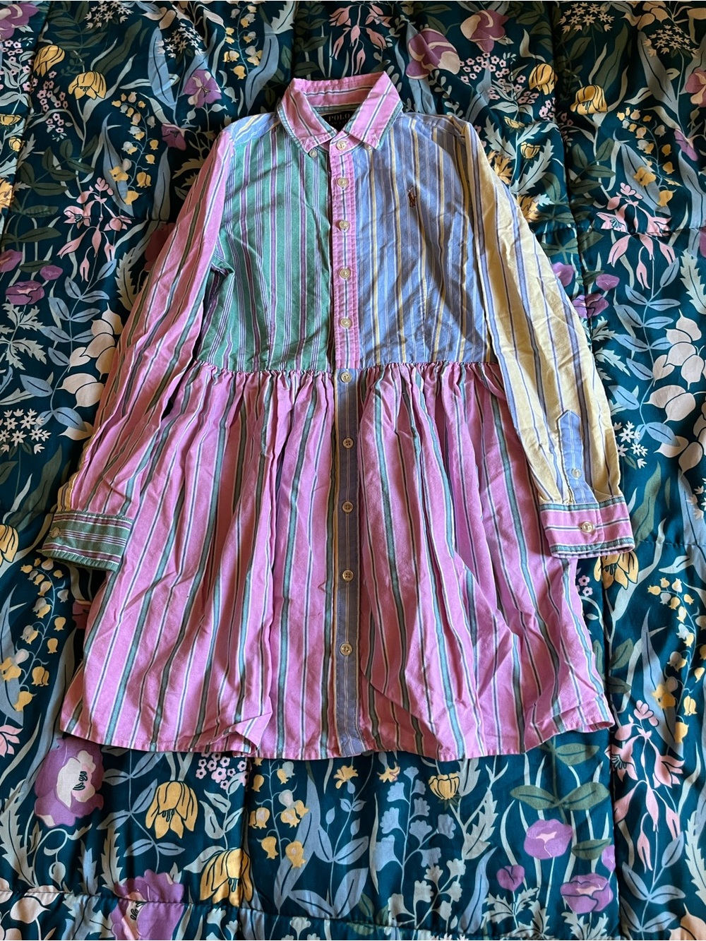 Polo by Ralph Lauren Multi-Stripe Shirt Dress Pink, Green, Blue, Yellow Size 10